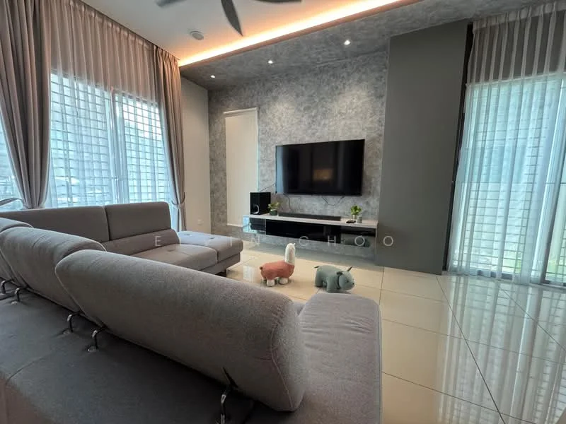 Living features: grey fabric sectional sofa, flat-screen TV on wall-mounted console, light grey accent wall, white painted walls, large windows with sheer curtains, recessed LED downlights, polished tile flooring, decorative plants, colorful plush toys on floor, ceiling fan; style: modern.