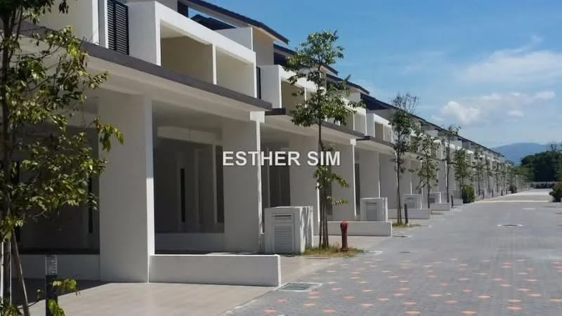 Exterior type: linked terrace house; features: white painted facade, flat roof, 2-storey, manicured lawn, paved walkway, air conditioning units visible, surrounded by greenery, driveway, modern architectural design; style: modern.