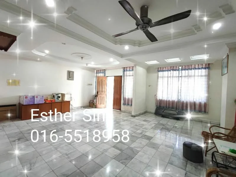 Living features: marble tile flooring, white painted walls, tray ceiling, recessed downlights, 5-blade ceiling fan, floor-to-ceiling windows, curtains, wooden door, wooden cabinets, open layout; style: modern.