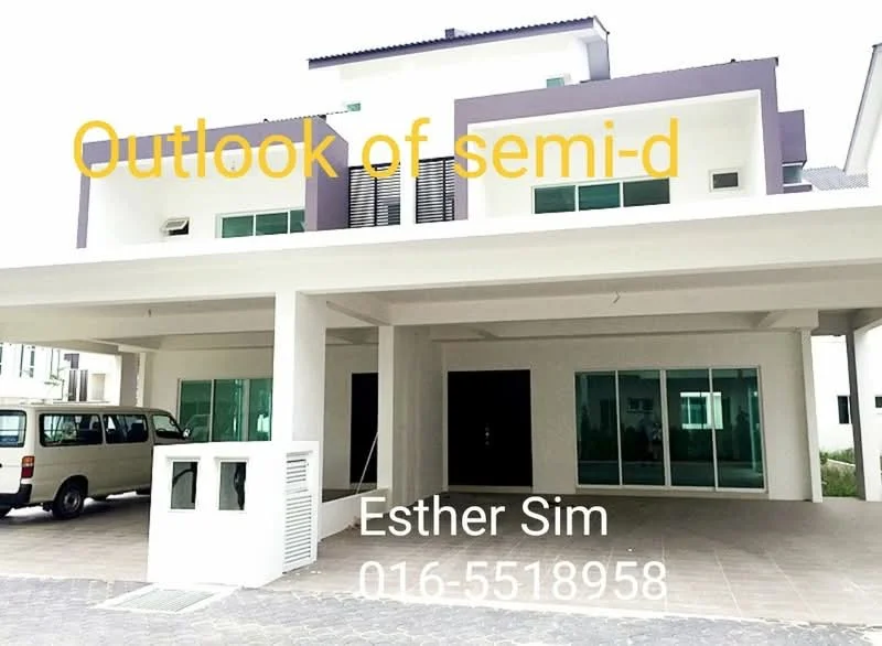 Exterior type: semi-detached house; features: white painted facade, flat roof, large glass windows, covered car porch, paved driveway, manicured lawn, balconies on upper floor, modern architectural design; style: modern.