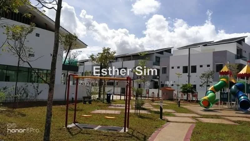 Exterior type: landscape garden; features: playground with swings, colorful slide, tunnel slide, manicured lawn, walking paths, trees, modern residential buildings in background, open space; style: modern.