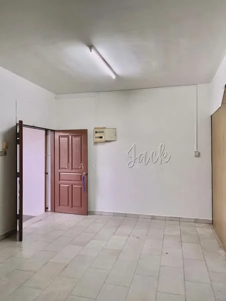 Room features: white painted walls, tile flooring, single light fixture, wall-mounted air conditioning unit, wooden door with pink paint, plain ceiling, no visible furniture, empty space; style: minimalist.