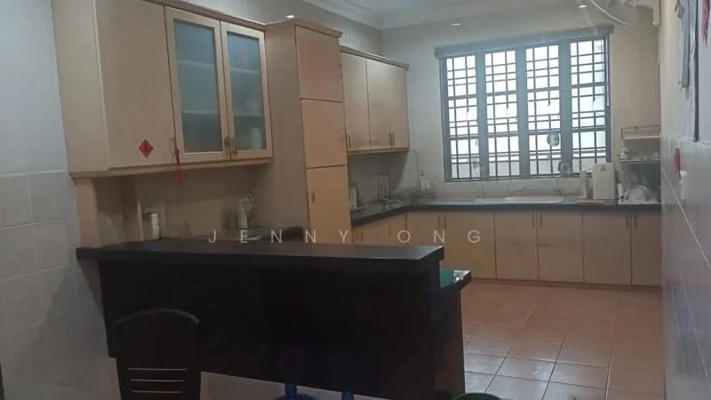 Kitchen features: light wood cabinetry, black countertop, single-bowl stainless-steel sink, chrome pull-down faucet, built-in oven, freestanding range oven, microwave, tile flooring, window with grid pattern, wall-mounted air conditioning unit, decorative wall art; style: modern.