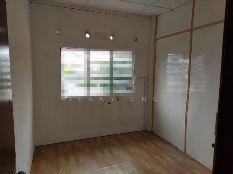 Room features: white painted walls, wooden flooring, ceiling lights, window with multiple panes, plain ceiling, wooden door, corner wall with wood paneling.