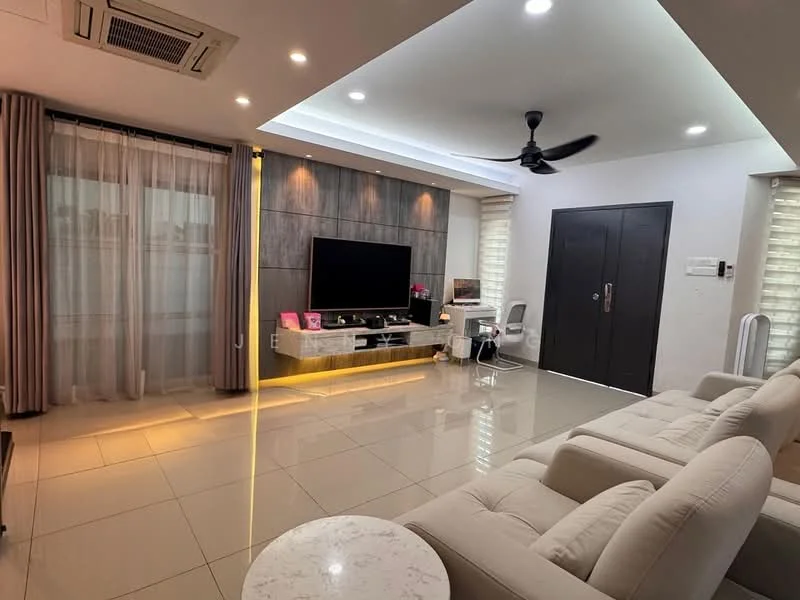 Living features: white painted walls, recessed ceiling with LED lighting, 5-blade ceiling fan with light, large flat-screen TV, TV console with built-in storage, cream fabric sofa, marble coffee table, floor-to-ceiling windows with sheer curtains, tile flooring, air conditioning unit, decorative wall paneling, wall-mounted desk, decorative plant; style: modern.