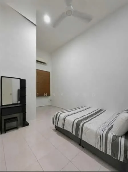 Bedroom features: single bed with grey bedding, striped bedspread, white painted walls, tile flooring, ceiling fan, wall-mounted air conditioning unit, mirror on black dresser, wooden window blinds, built-in wardrobe, decorative wall panel; style: minimalist.