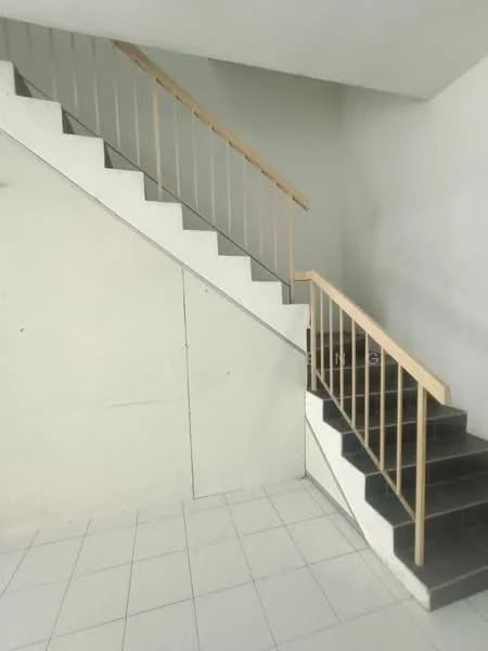 Room features: staircase with wooden handrail, white painted walls, grey tiled flooring, two-tone staircase with white and black steps, open space, natural light from upper level; style: modern.