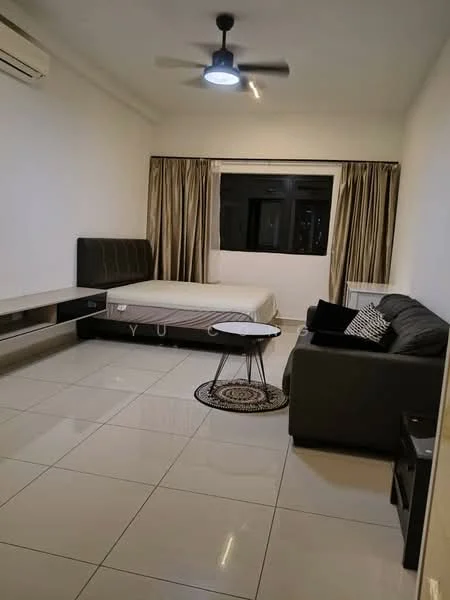 Room features: white painted walls, tile flooring, 5-blade ceiling fan with light, floor-to-ceiling window, curtains, queen-size bed, upholstered headboard, sofa in dark grey, coffee table, decorative area rug, side table, wall-mounted air conditioning unit; style: modern.
