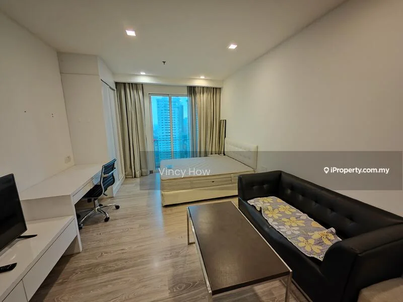 Bedroom features: queen-size bed, upholstered headboard, black leather sofa, coffee table, desk with chair, floor-to-ceiling windows, curtains, laminate flooring, wall-mounted TV, decorative throw pillow; style: modern; view: city.