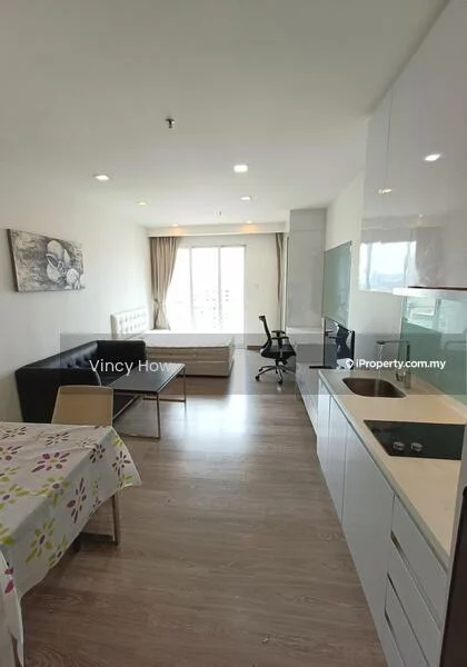 Living features: light wood laminate flooring, white painted walls, large window with city view, sofa bed in beige, black office chair, dining table with floral tablecloth, built-in kitchen cabinetry in white, stainless-steel sink, countertop with white finish, refrigerator, microwave, wall-mounted TV, bed with headboard in white, curtains in light fabric; style: modern; view: city.