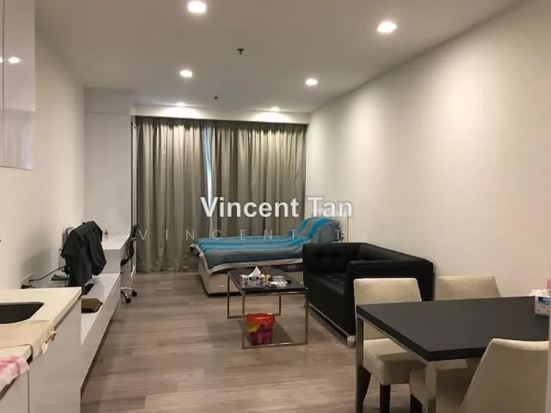Living features: light wood flooring, white painted walls, floor-to-ceiling windows with sheer curtains, black leather sofa, dining table with four chairs, TV console, wall-mounted TV, decorative items on table, bed with bedding in background, recessed downlights; style: modern.