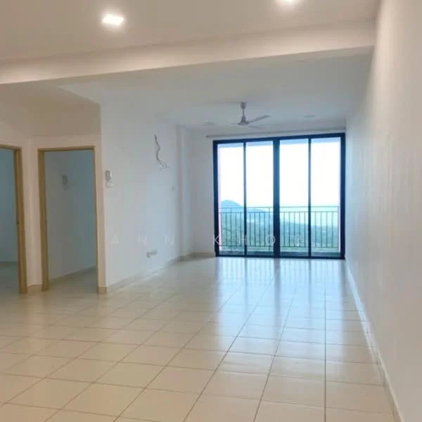 Living features: white painted walls, tile flooring, 5-blade ceiling fan, floor-to-ceiling windows, sliding glass door, mountain view, neutral decor, spacious layout; style: modern; view: mountain. Room features: white painted walls, tile flooring, doorway to adjacent rooms.