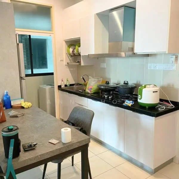 Kitchen features: white cabinetry, black granite countertop, stainless-steel sink, chrome pull-down faucet, built-in stove, exhaust hood, microwave, rice cooker, kettle, dining table, grey chair, white tiled flooring, window with sheer curtains; style: modern.