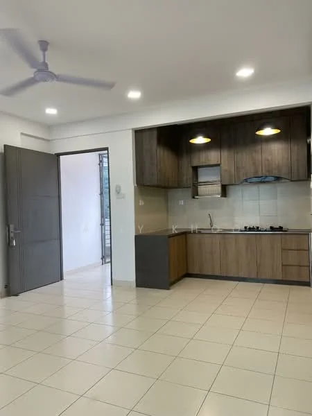 Kitchen features: brown wooden cabinetry, white tiled backsplash, black countertop, stainless-steel gas hob, built-in oven, stainless-steel sink, chrome pull-down faucet, recessed LED downlights, 5-blade ceiling fan, cream tiled flooring, open layout, window with view to outside, door leading to balcony; style: modern.