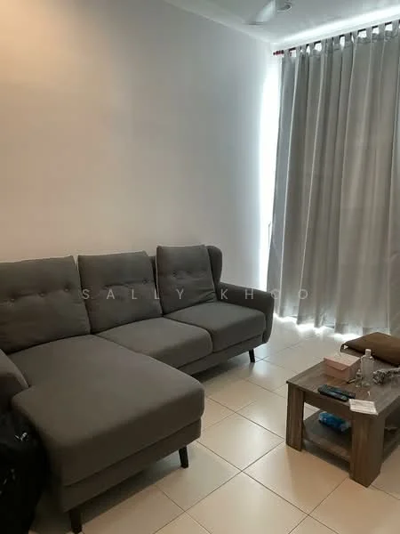 Living features: L-shape sectional sofa in grey, coffee table, floor-to-ceiling window, sheer curtains, white painted walls, tile flooring, ceiling fan; style: modern.