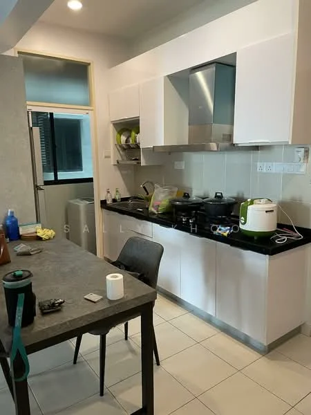 Kitchen features: white cabinetry, black countertop, stainless-steel range hood, built-in stove, single-bowl stainless-steel sink, chrome pull-down faucet, microwave, refrigerator, tile flooring, wall-mounted cabinets, window with view to outside, dining table with chairs, kettle, cutlery and utensils on countertop; style: modern.