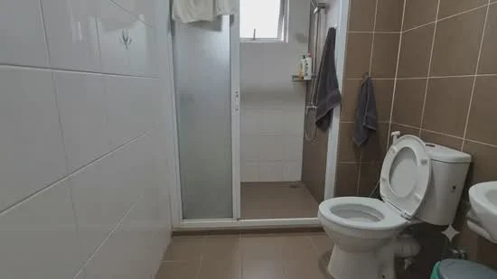 Bathroom features: white tiled walls, brown tiled walls, glass shower enclosure, toilet, sink, towel rack, shower head, grey bath towels; style: modern.