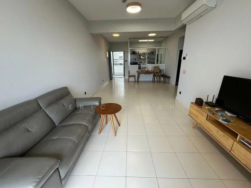 Living features: grey leather sectional sofa, round wooden coffee table, wall-mounted TV, wooden TV console, white tiled flooring, recessed ceiling lights, air conditioning unit, open layout to dining area; style: modern.