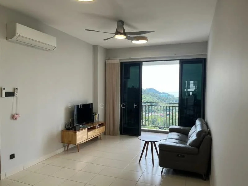 Living features: light grey painted walls, white ceiling, 5-blade ceiling fan with light, wall-mounted TV, wooden TV console, grey fabric sofa, round wooden coffee table, floor-to-ceiling sliding glass door, balcony view, tile flooring, wall-mounted air conditioning unit; style: modern; view: mountain.