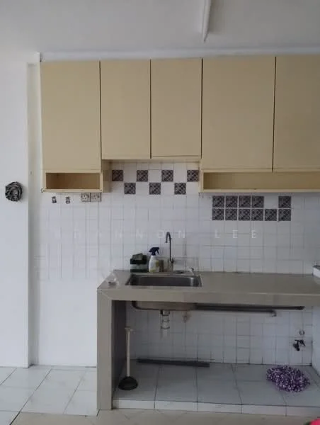 Kitchen features: light beige cabinetry, grey countertop, single-bowl stainless-steel sink, chrome faucet, white tiled backsplash with patterned tiles, white tiled walls, white tiled flooring, wall-mounted storage shelves; style: modern.