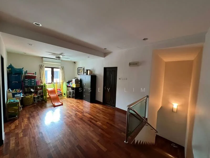 Room features: wooden flooring, white painted walls, ceiling fan, large window, staircase with glass railing, wall-mounted light fixture, storage cabinets, play slide, various storage boxes, open layout; style: modern.