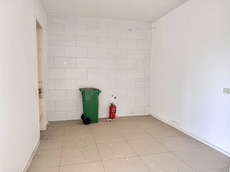 Room features: white painted walls, light-colored tile flooring, green trash bin, fire extinguisher, electrical outlets, empty space.