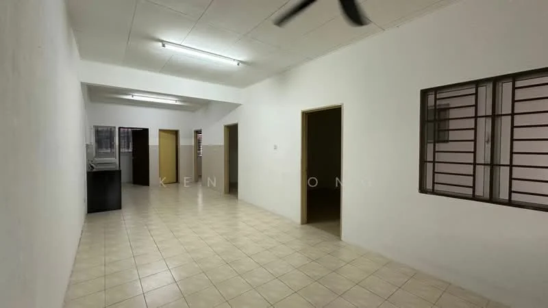 Room features: white painted walls, tile flooring, ceiling lights, window with metal grille, doorways to adjacent rooms, 1 ceiling fan; style: minimalist.