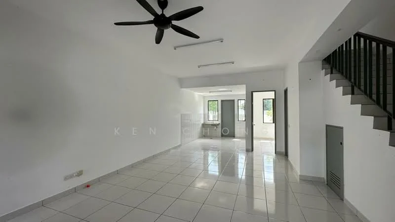 Living features: white painted walls, polished ceramic tile flooring, 5-blade ceiling fan, large windows, staircase leading to upper floor, wall-mounted air conditioning unit, recessed ceiling lights, open layout; style: modern.