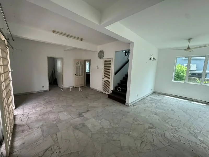 Room features: marble flooring, white painted walls, exposed ceiling beams, ceiling fan, large windows, staircase, doorway leading to another room, wall-mounted light fixtures; style: minimalist; view: garden.