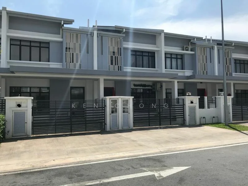 Exterior type: linked terrace house; features: grey painted facade, recessed balconies, horizontal louvre screens, two-storey structure, manicured lawn, paved walkway, metal gate, front porch area; style: modern.