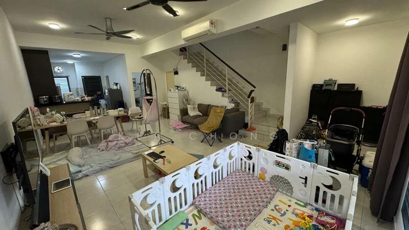 Living features: white painted walls, ceramic tile flooring, 5-blade ceiling fan, sofa in grey, coffee table, TV console, wall-mounted TV, area rug, dining table with chairs, stroller, playpen, decorative items, open staircase, natural light from windows; style: modern.