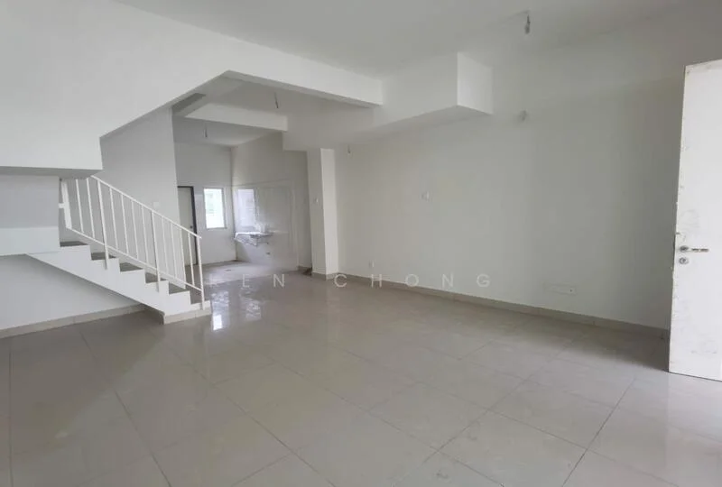Room features: white painted walls, glossy tile flooring, staircase with white railing, large window providing natural light, open layout, high ceiling, no visible furniture, neutral color scheme; style: modern.