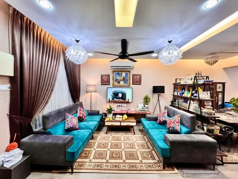 Living features: 2 grey fabric sofas with turquoise cushions, 3-seater sofa, 2-seater sofa, coffee table with decorative items, area rug with geometric pattern, chandelier lighting, 5-blade ceiling fan, wall-mounted TV, bookshelf with decorative items, floor lamp, curtains in dark brown, white sheer curtains, decorative wall art, wooden side table; style: modern.
