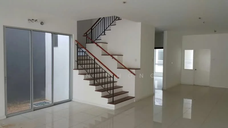 Living features: white painted walls, glossy tile flooring, staircase with wooden handrail, large sliding glass door, natural light from windows, open layout, neutral color scheme; style: modern. Room features: white painted walls, glossy tile flooring, doorway leading to another room, natural light from windows.