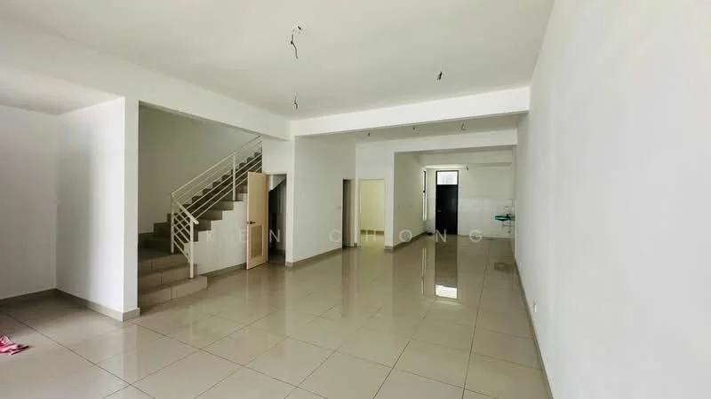 Living features: white painted walls, glossy tile flooring, recessed downlights, staircase with metal railing, open layout, large windows, neutral color scheme, high ceiling; style: modern. Room features: white painted walls, glossy tile flooring, doorway leading to another room, doorway leading to staircase, neutral color scheme.