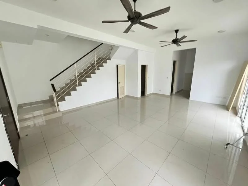 Living features: white painted walls, glossy ceramic tile flooring, 2 ceiling fans, large windows for natural light, staircase with metal railing, neutral color palette, open layout, doorways leading to other rooms; style: modern.
