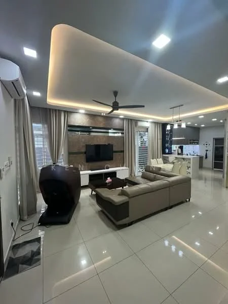 Living features: 3-seater leather sofa in beige, coffee table, wall-mounted TV, entertainment unit, recessed downlights, 5-blade ceiling fan with light, cream painted walls, tile flooring, curtains, decorative wall paneling, air conditioning unit; style: modern.