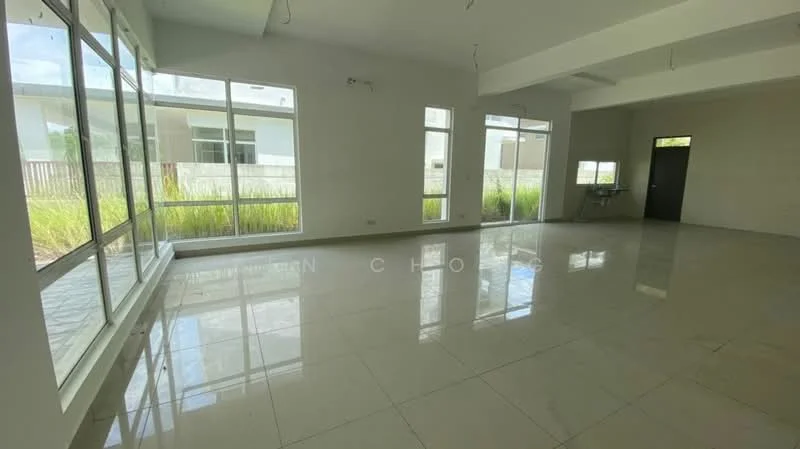 Living features: large floor-to-ceiling windows, white painted walls, polished marble flooring, high ceiling, recessed downlights, open layout, natural light, view of outdoor greenery; style: modern; view: garden.