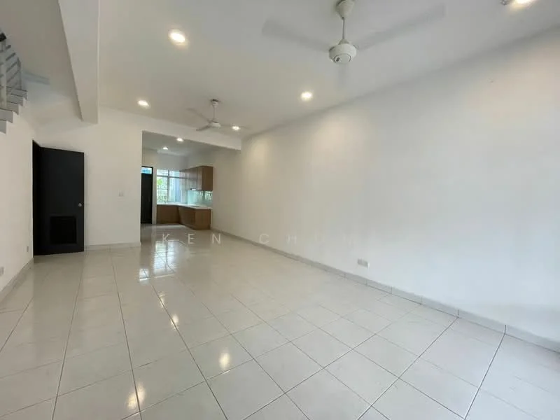 Living features: white painted walls, glossy white tile flooring, recessed downlights, 2 ceiling fans, large windows, open layout, neutral color scheme, no visible furniture; style: modern. Kitchen features: wood cabinetry, countertop, kitchen island, large window, open layout to living area; style: modern.