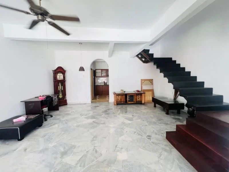 Living features: marble flooring, white painted walls, 5-blade ceiling fan, wooden staircase, arched doorway, dark wood furniture, clock cabinet, open space layout, natural light from windows; style: modern.