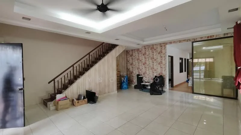 Living features: white painted walls, cream tiled flooring, tray ceiling with recessed lighting, 5-blade ceiling fan, large glass sliding door, wooden staircase, wallpaper with floral pattern, open layout, decorative wall paneling; style: modern. Room features: cream tiled flooring, white painted walls, large glass windows, unknown furniture.