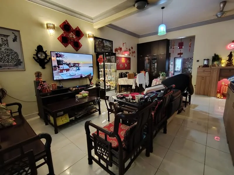 Living features: white painted walls, grey ceiling with recessed lighting, glossy white tile flooring, 3-seater wooden sofa with red cushions, 2 wooden armchairs with red cushions, coffee table, wall-mounted TV, decorative wall art, display cabinet with glass doors, dining table with tablecloth, hanging pendant light, decorative lanterns, shelves with decorative items; style: traditional.