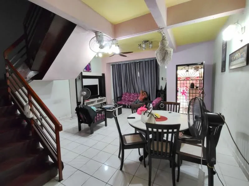 Living features: white painted walls, tray ceiling with yellow paint, white tiled flooring, 3-seater fabric sofa in pink, coffee table, wall-mounted TV, ceiling fan, decorative chandelier, dining table with 6 black chairs, curtains, staircase, floor lamp; style: modern.