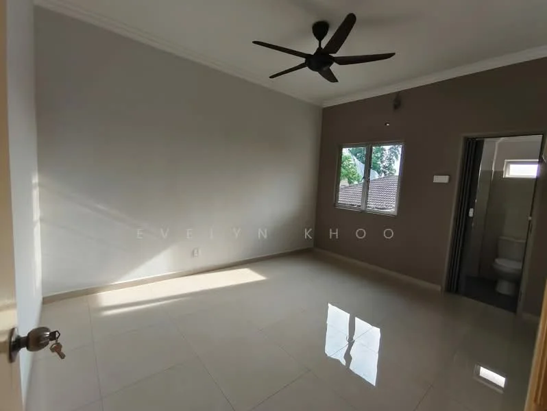 Room features: cream painted walls, white ceiling, 5-blade ceiling fan, tile flooring, window with view of exterior, natural light from window, door to bathroom, light switch on wall; style: modern.