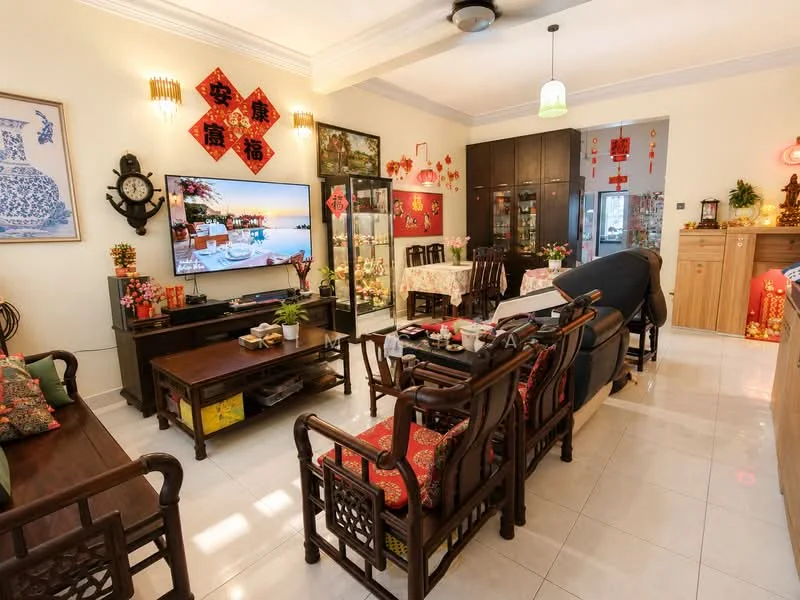 Living features: ceramic tile flooring, white painted walls, recessed downlights, 5-blade ceiling fan with light, wall-mounted TV, wooden coffee table, 2-seater fabric sofa, armchair with cushions, decorative wall art, display cabinet with glass doors, dining table with floral tablecloth, Chinese decorations, potted plants, sideboard with decorative items; style: traditional.