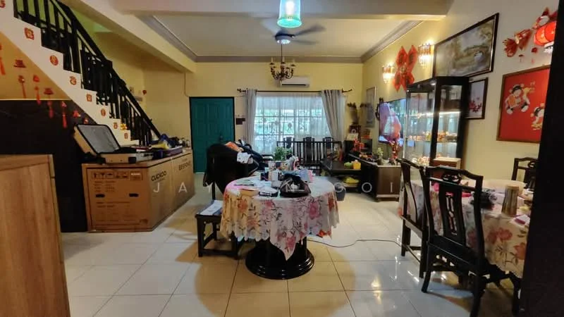 Living features: white painted walls, cream tiled flooring, 5-blade ceiling fan with light, dining table with floral tablecloth, black wooden dining chairs, TV console, wall-mounted TV, decorative wall art, display cabinet with glass doors, curtains on windows, staircase with wooden railing, green door, decorative items on shelves; style: contemporary.