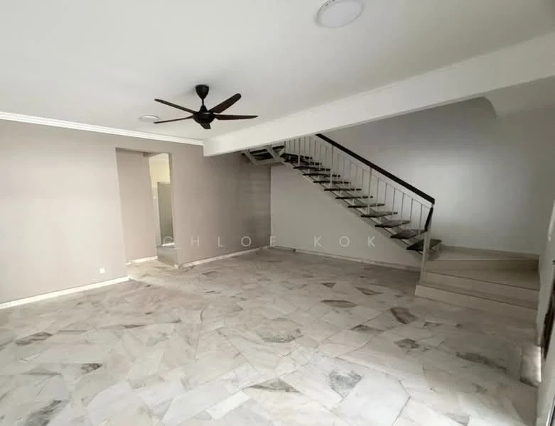 Living features: marble flooring, 5-blade ceiling fan, white painted walls, staircase with metal railing, natural light from windows, open layout, no visible furniture, neutral color scheme; style: modern. Room features: white painted walls, doorway leading to another room, no visible furniture.