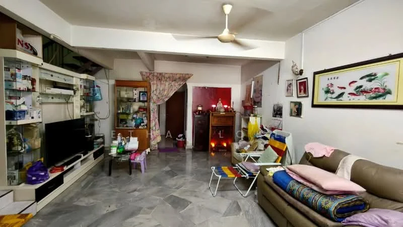 Living features: grey marble flooring, white painted walls, ceiling fan, wall-mounted TV, TV console, sofa in beige, decorative artwork, glass display cabinet, wooden cabinet, folding lounge chair, curtains, area rug; style: traditional.