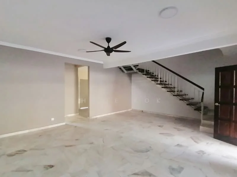Living features: marble flooring, grey painted walls, 5-blade ceiling fan, staircase with white railing, recessed ceiling lights, large open space, no visible furniture, doorway leading to another room; style: modern.