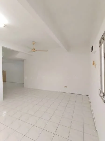Living features: white painted walls, white tiled flooring, ceiling fan, recessed lighting, large window, open layout, no visible furniture, neutral decor; style: minimalist.